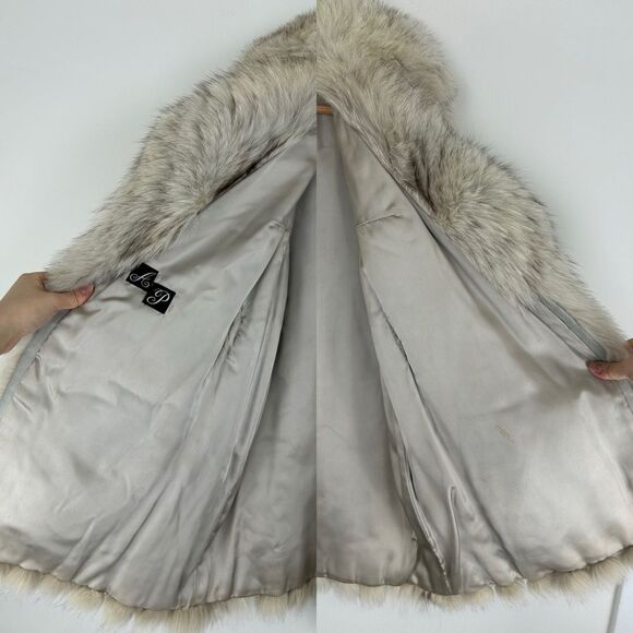 Vintage Grey Silver Fox Genuine Fur Coat Belted with Leather Trim - Picture 6 of 8